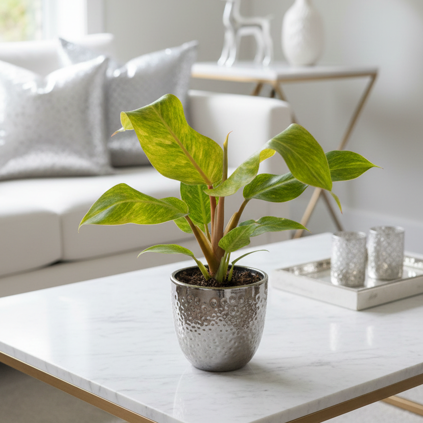 Philodendron 'Orange Marmalade' Rare Quadcolor Variegated Plant in Decorative Pot, Live Houseplant Gift Decor Ideas