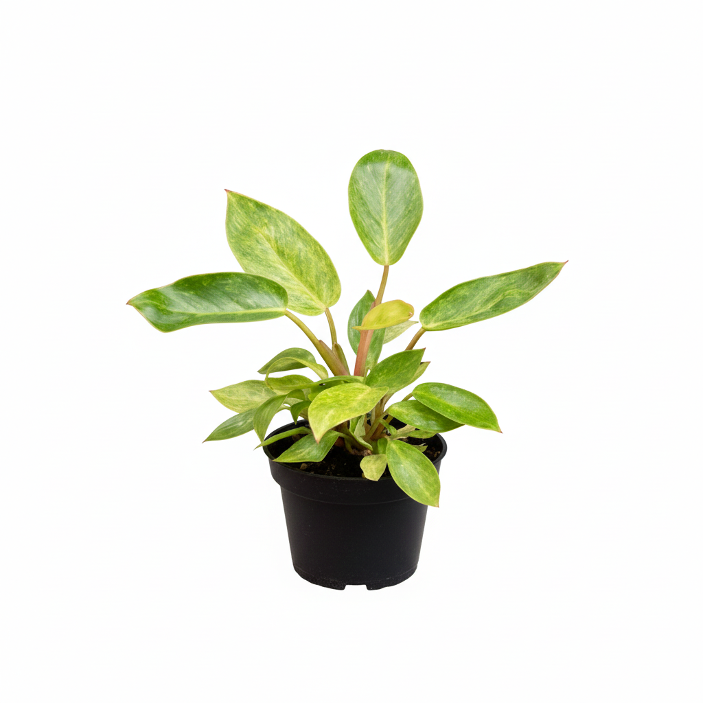 Philodendron Painted Lady features speckled variegation and vibrant red petioles, Unique indoor plant decor, Colorful indoor foliage, Rare climbing houseplant