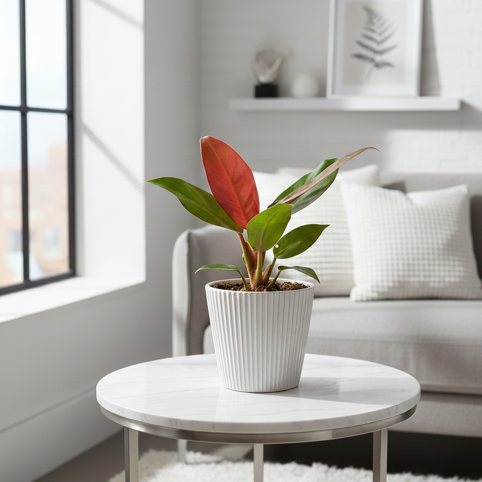 Philodendron Sun Red with Vibrant Red to Burgundy Foliage in 4 inch decorative pot, Self-heading philodendron varieties, Air purifying houseplant for home decoration