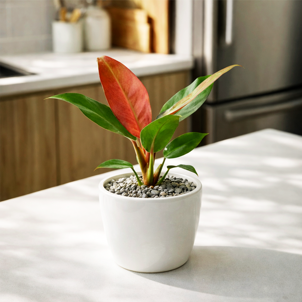 Philodendron Sun Red with Vibrant Red to Burgundy Foliage in 4 inch decorative pot, Self-heading philodendron varieties, Air purifying houseplant for home decoration
