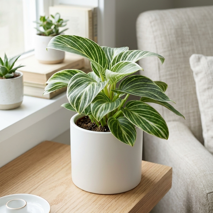 buy Philodendron White Measure live houseplant 4" pot online, forest green and white variegated leaves, compact trailing growth form, naturally humidifies indoor air, thrives in low light and office settings, perfect for modern home decor, ideal living gift for plant lovers