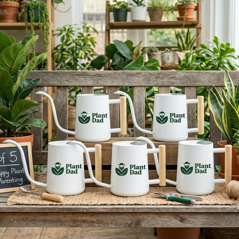 5-pack white watering can - plant dad for sale, clean white plastic finish, lightweight ergonomic handle, modern minimalist style, ideal for indoor planters, unique plant lover gift