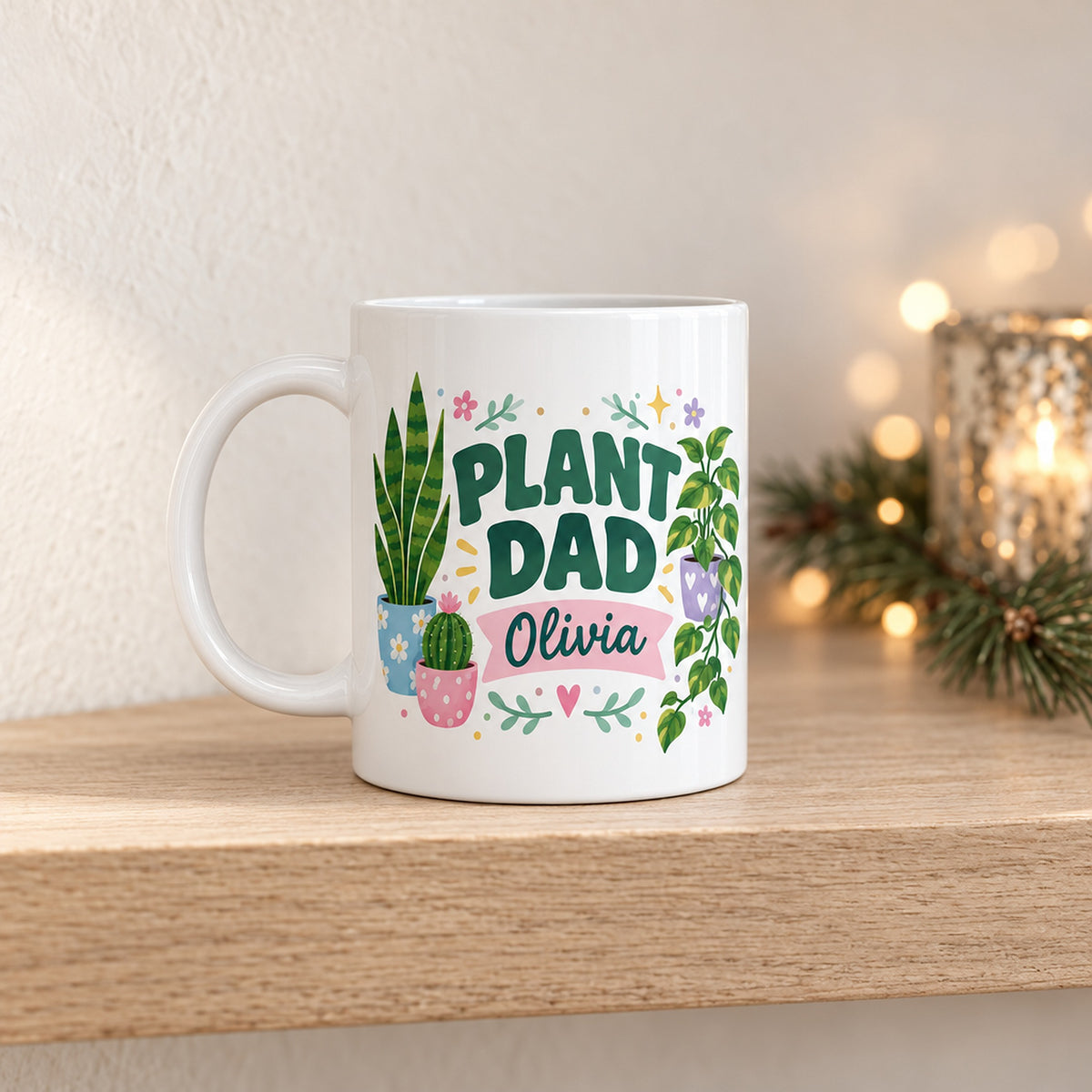 buy plant dad personalized mug colorful floral design online, vibrant botanical illustrations with multi-colored flower petals, cheerful hand-drawn floral pattern wrapping around the mug, durable ceramic construction with glossy finish, personalized gift-ready design for plant enthusiasts, perfect desktop coffee station accent, unique plant lover gift idea