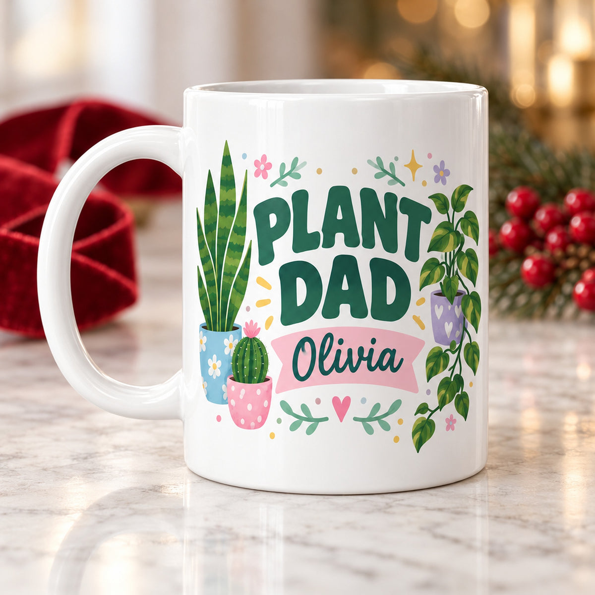 buy plant dad personalized mug colorful floral design live plant online, warm toned floral design with detailed petal work and green foliage accents, premium ceramic mug with smooth finish and personalization options, heat-resistant and dishwasher-safe daily use mug, celebrates plant dad culture with cheerful aesthetic, lovely kitchen shelf or break room decor, meaningful personalized gift for gardening dads
