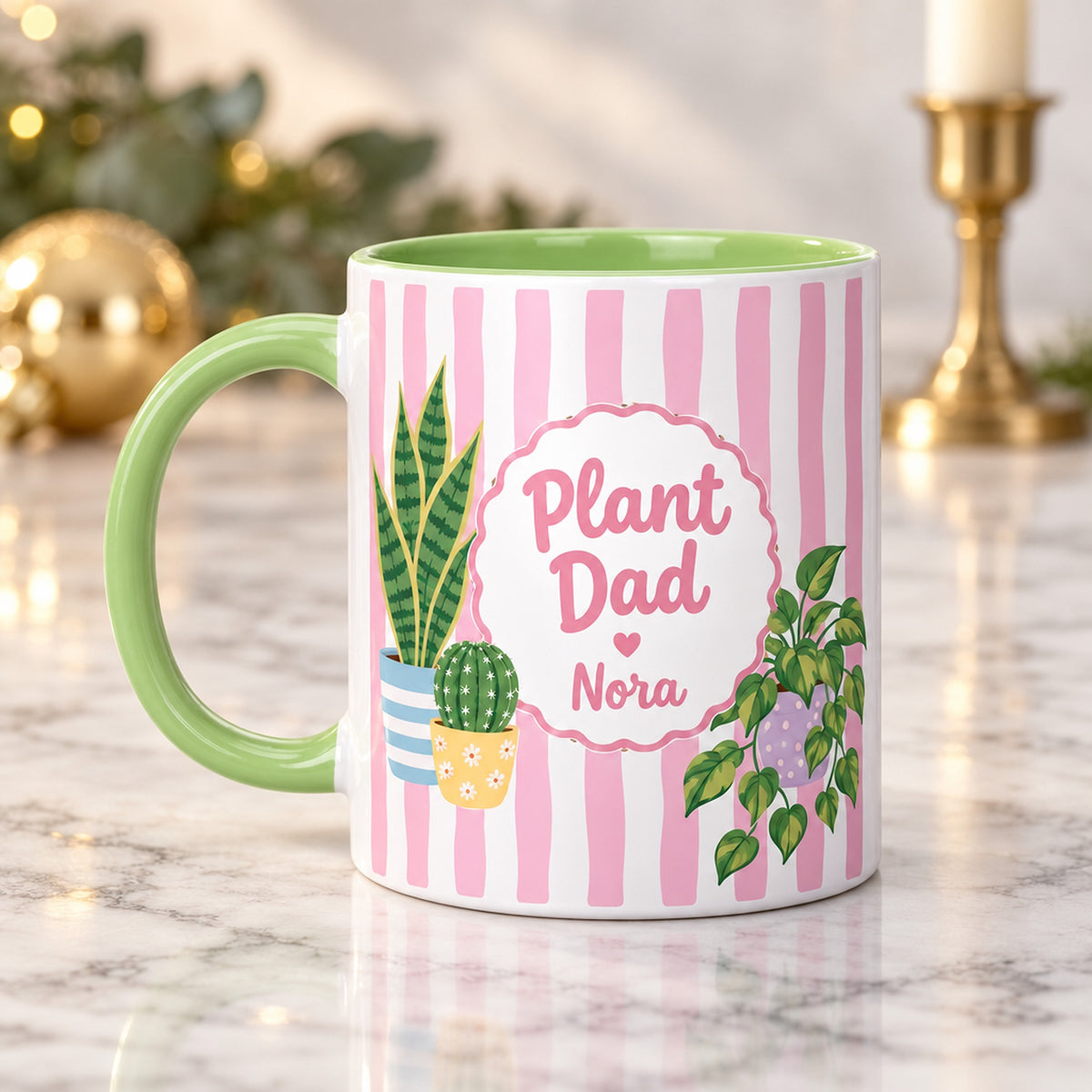 buy plant dad personalized mug pastel striped design online, cheerful pastel horizontal stripes in soft gradient hues, smooth ceramic finish with comfortable handle grip, personalized text customization for plant enthusiast gifts, durable microwave and dishwasher safe drinkware, perfect coffee station accent for plant lovers, ideal personalized gift for dad plant collectors