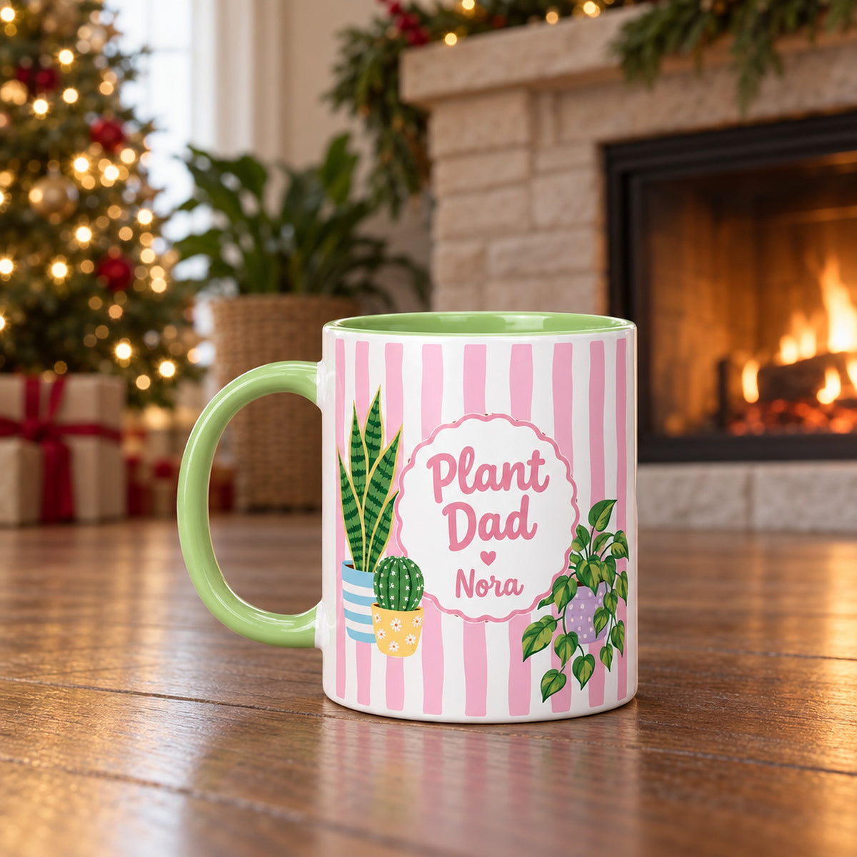 11 oz plant dad personalized mug pastel striped design for sale, tranquil pastel striped design with contemporary color palette arrangement, quality ceramic drinkware with personalization capability, durable everyday mug for plant enthusiasts and gardeners, comfortable handle design for daily use and handling, lovely workspace or kitchen shelf styling piece, special personalized gift for gardening dads and plant parents
