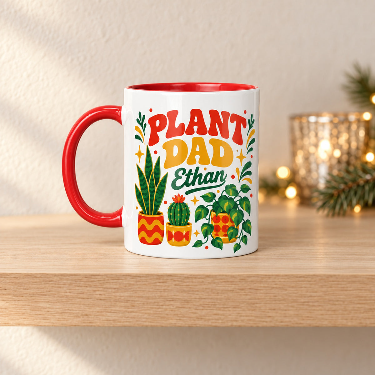 11 oz plant dad personalized mug retro 70s design for sale, nostalgic retro typography with groovy geometric plant motifs, smooth glazed ceramic finish with comfortable ergonomic handle, perfect for morning coffee or tea ritual, microwave and dishwasher safe everyday mug, trendy plant parent home decor accent, memorable personalized gift for proud plant dads