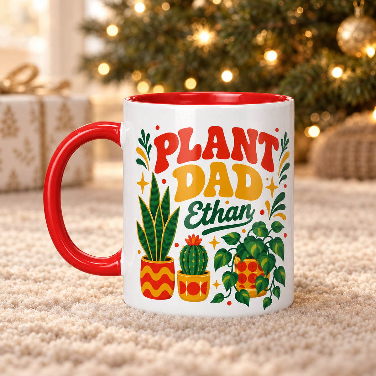 15 oz plant dad personalized mug retro 70s design for sale, bold retro botanical graphics with warm sunset-inspired tones and vintage aesthetic, larger capacity ideal for generous servings of hot or cold beverages, personalized name addition creates one-of-a-kind keepsake, functional and decorative plant-themed home accent, fantastic personalized gift for plant dads who love 70s nostalgia