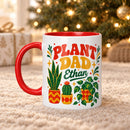 15 oz plant dad personalized mug retro 70s design for sale, bold retro botanical graphics with warm sunset-inspired tones and vintage aesthetic, larger capacity ideal for generous servings of hot or cold beverages, personalized name addition creates one-of-a-kind keepsake, functional and decorative plant-themed home accent, fantastic personalized gift for plant dads who love 70s nostalgia