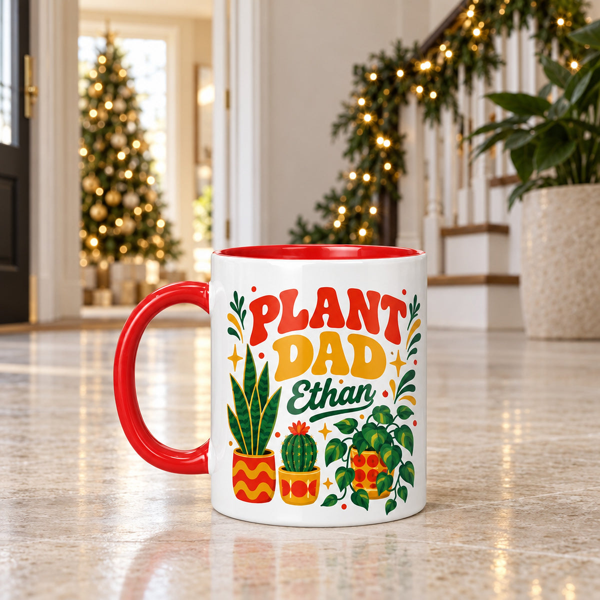 buy plant dad personalized mug retro 70s design online, playful plant-themed illustrations with authentic 1970s color scheme and artistic style, personalized custom engraving option for special names, generous capacity comfortable drinking vessel, perfect gift for houseplant lovers and green thumb enthusiasts, retro home office or kitchen shelf display, thoughtful personalized gift for plant care devotees