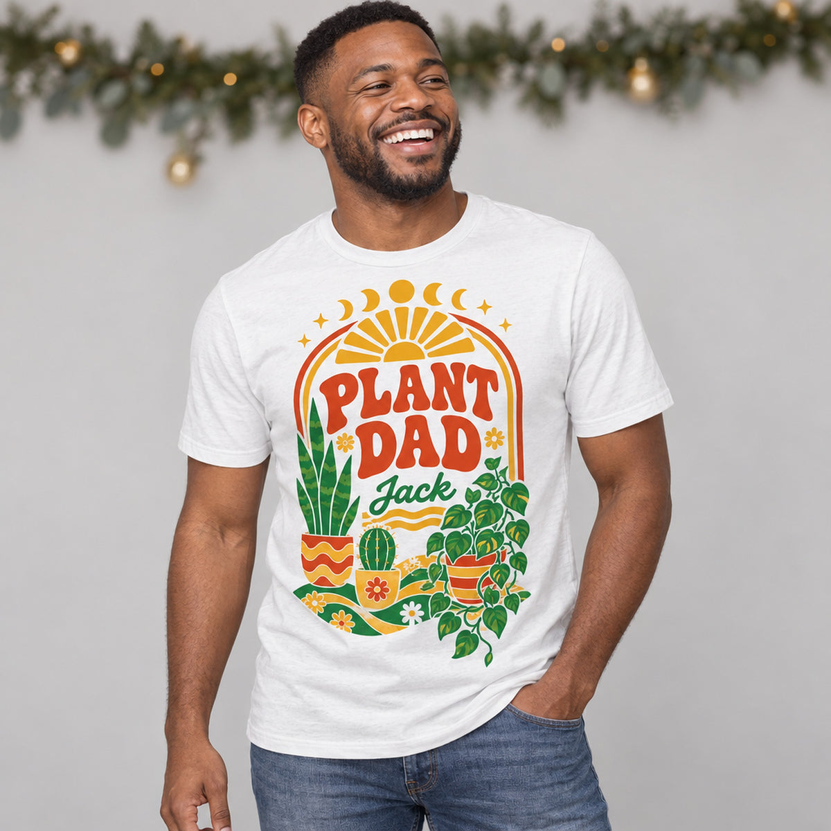 buy plant dad personalized retro boho shirt online, vintage-inspired graphic design with earthy boho aesthetic, soft comfortable cotton blend fabric, retro plant lover themed print, perfect casual wear for indoor plant enthusiasts, standout wardrobe piece for plant parents, unique gift idea for gardening lovers