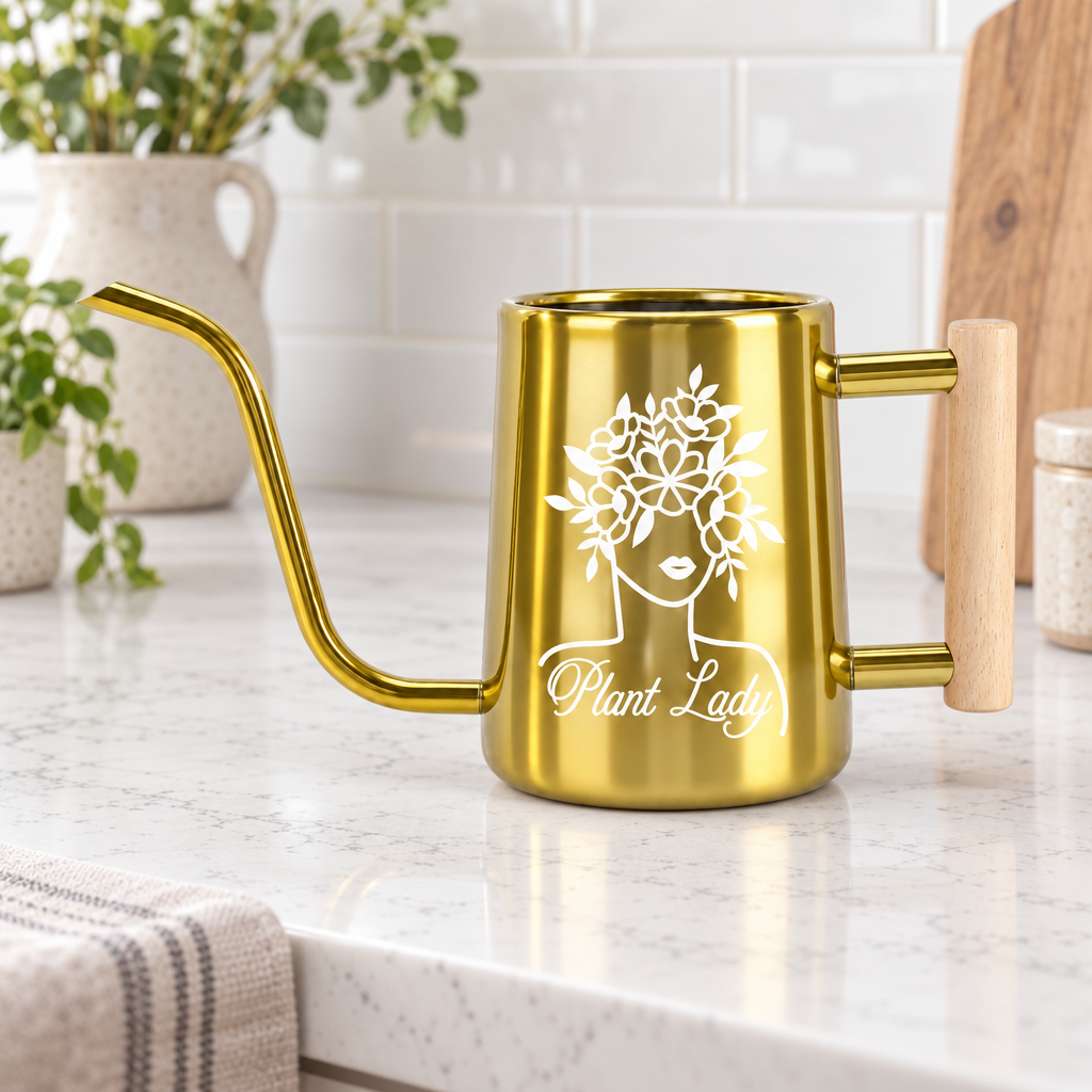 buy metal watering can plant lady black online, sleek black metal construction with ergonomic spout design, durable lightweight steel body, modern minimalist aesthetic, ideal for indoor and outdoor potted plants, unique gift for the plant lady in your life