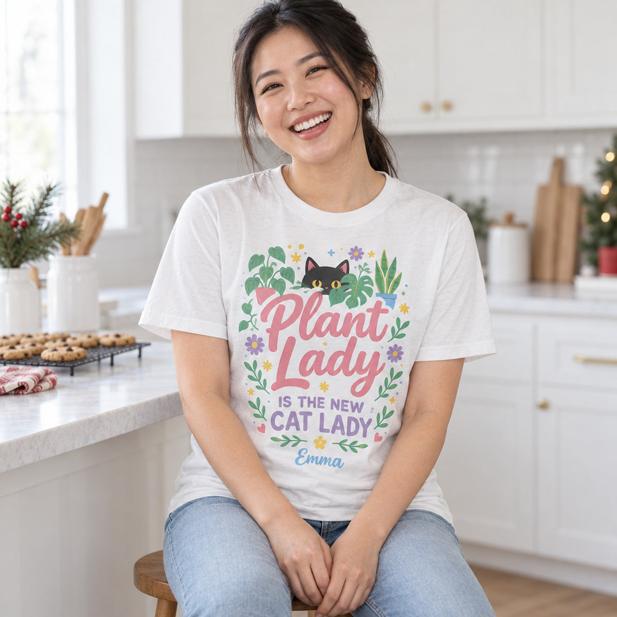 buy plant lady personalized cozy pastel shirt online, soft comfortable cotton blend fabric perfect for plant enthusiasts, relaxed casual fit with personalized design detail, cozy everyday wear for nature lovers, breathable lightweight material ideal for layering, charming botanical-themed apparel for your living space, perfect personalized gift for the dedicated plant parent