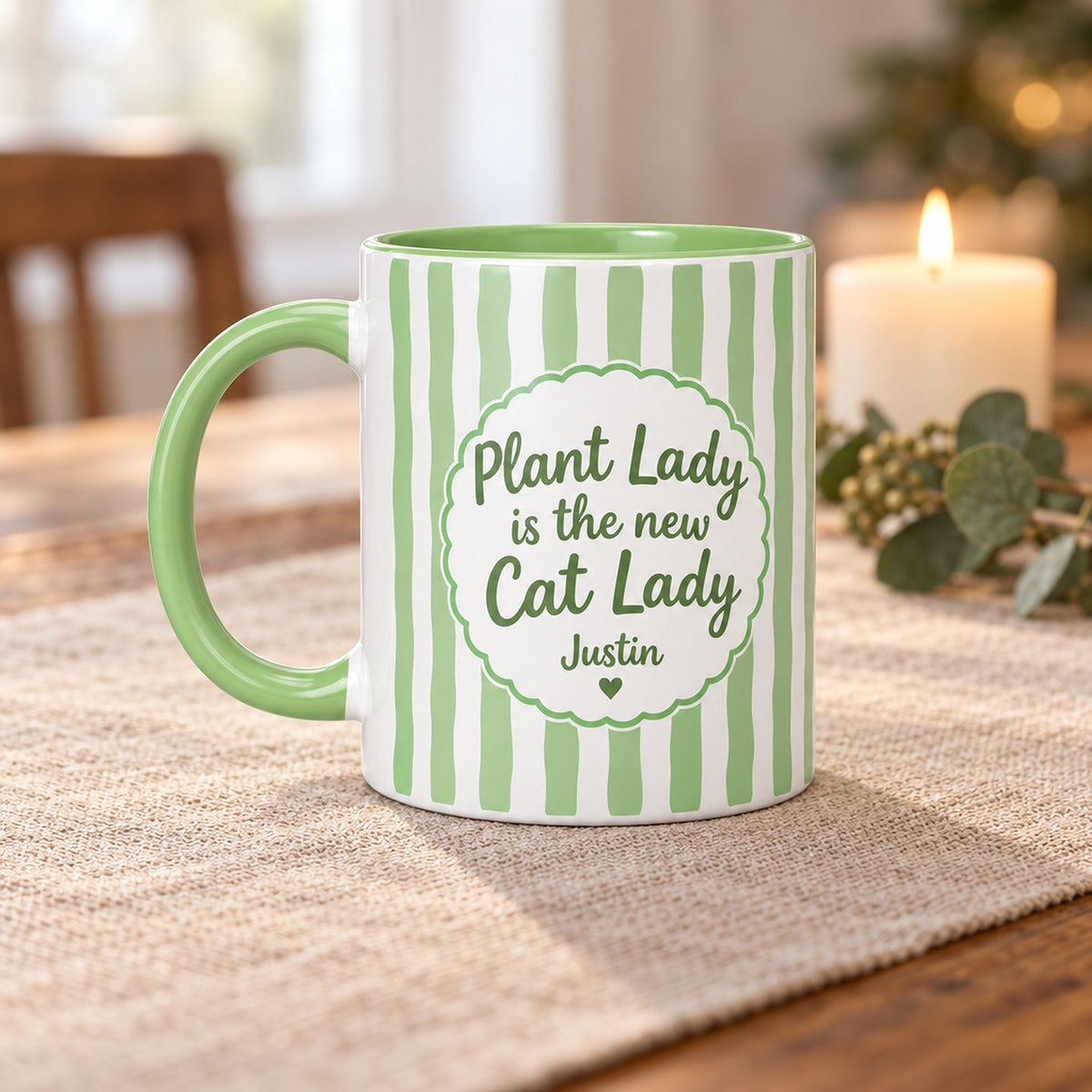 buy Plant Lady Personalized Mug - Pastel Striped Design 11 oz online, charming pastel striped ceramic mug with personalized plant lover theme, soft color-blocked horizontal stripes in gentle hues, perfect for daily coffee or tea enjoyment, durable dishwasher-safe drinkware, ideal modern kitchen accent piece, thoughtful personalized gift for plant enthusiasts