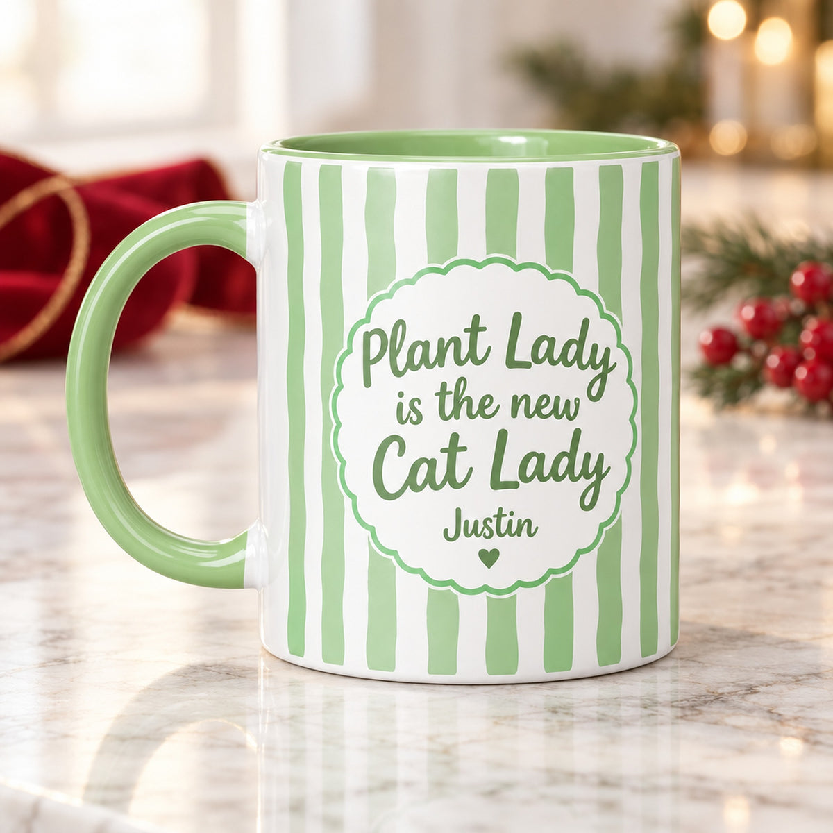 Plant Lady Personalized Mug - Pastel Striped Design for sale, custom personalized mug with delicate pastel stripe design, thoughtfully sized for everyday beverage use, smooth ceramic construction with fade-resistant printing, celebrates plant parent identity with personalized messaging, versatile gift-ready home accessory, perfect personalized present for plant collector gifts