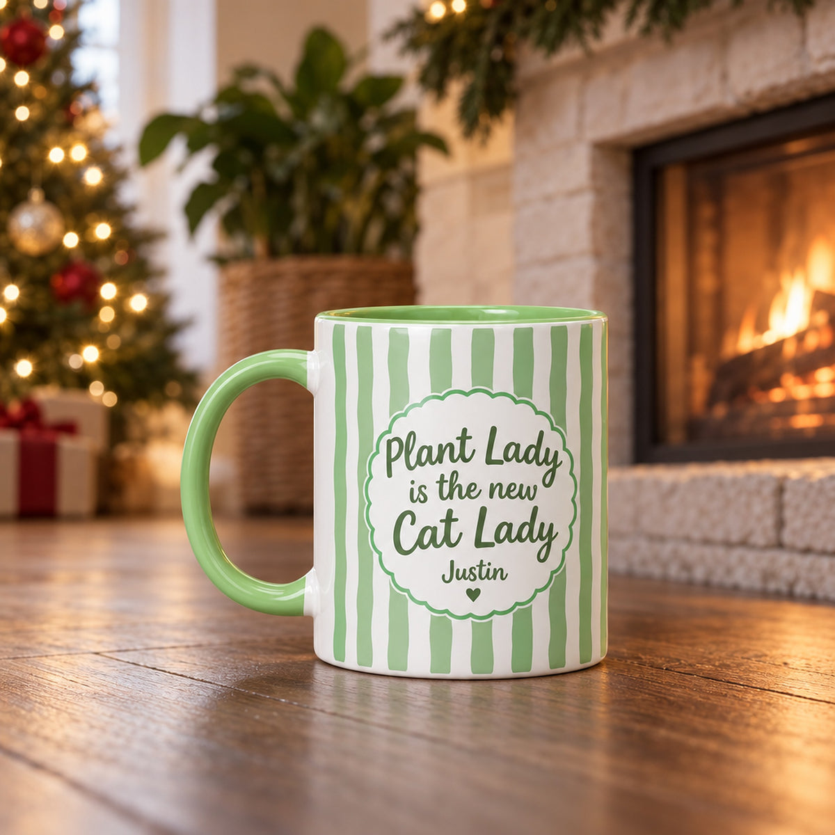 buy Plant Lady Personalized Mug - Pastel Striped Design online, personalized ceramic mug with contemporary pastel striped aesthetic, subtle color gradients across the mug body, custom text option for plant lover customization, premium quality coffee or tea vessel, charming kitchen or workspace display piece, special personalized gift idea for plant lady friends