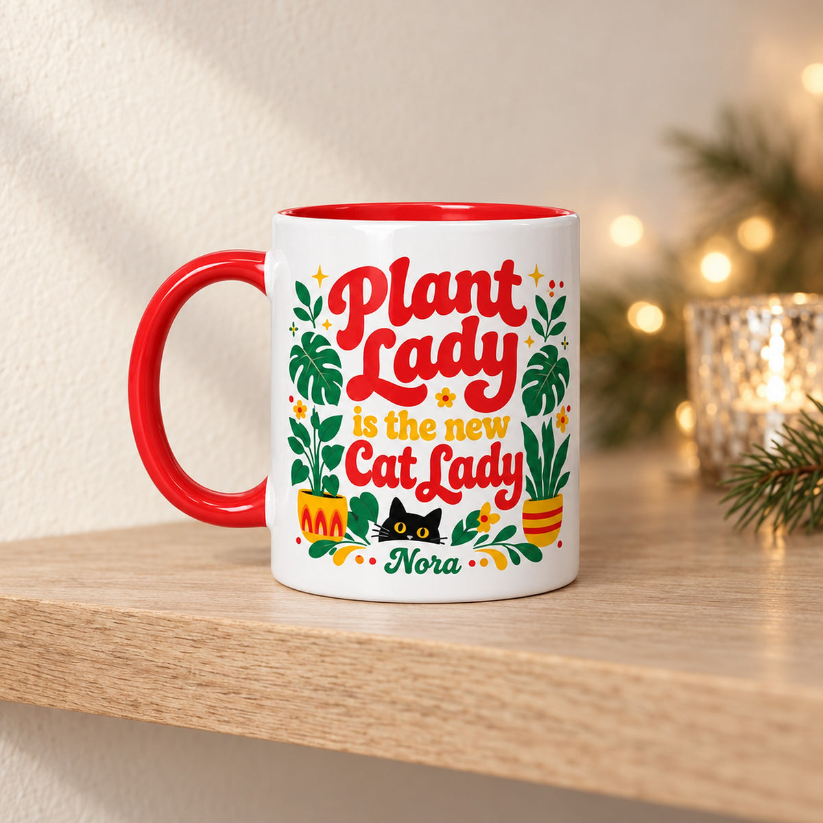 11 oz Plant Lady Personalized Mug – Retro 70s Design for sale, nostalgic groovy plant artwork with rich vintage color palette, custom personalized ceramic vessel celebrating plant parent lifestyle, smooth glazed finish with comfortable ergonomic handle, versatile hot and cold beverage drinkware, charming home decor accent for plant-themed spaces, perfect personalized gift for plant lady enthusiasts