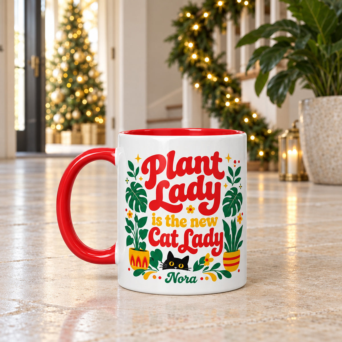 15 oz Plant Lady Personalized Mug – Retro 70s Design for sale, large-capacity personalized ceramic mug with authentic retro plant lady artwork, vintage 70s inspired botanical graphics with warm nostalgic color scheme, durable glazed stoneware construction built for regular daily use, comfortable oversized handle and practical drinkware design, perfect plant parent workspace or home kitchen display, meaningful personalized gift for plant enthusiasts and retro design lovers