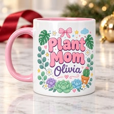 11 oz plant mom cute pastel personalized mug for sale, sweetly designed pastel mug celebrating plant parent pride, compact single-serve size ideal for morning coffee or tea, smooth ceramic construction with durable color-safe glazing, delightful gift for indoor plant collectors and garden lovers, charming desk plant display accent, special personalized mug gift idea