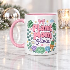 15 oz plant mom cute pastel personalized mug for sale, delightful pastel-toned artwork featuring plant mom message, generous capacity ceramic mug with smooth glazed finish, versatile drinkware for coffee tea or hot beverages, meaningful gift for gardening enthusiasts and plant parents, charming kitchen counter or office desk accent, personalized mug gift for plant-loving friends