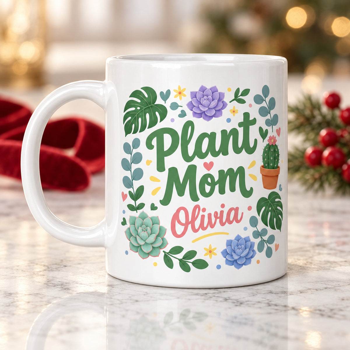 15 oz Plant Mom Personalized Mug - Colorful Floral Design for sale, bright hand-illustrated wildflower pattern with lush green foliage accents, spacious ceramic vessel for daily coffee or tea enjoyment, custom personalization option for unique gift-giving, eco-conscious plant mom appreciation drinkware, beautiful kitchen decor piece for plant-themed spaces, perfect personalized gift for the dedicated plant parent