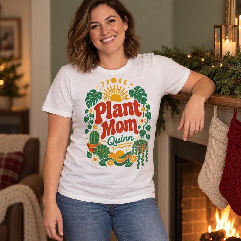 plant mom personalized retro boho shirt for sale, eye-catching retro boho print celebrating plant parenthood, soft quality material with vibrant long-lasting color, playful vintage-inspired design with personalized custom touch, perfect layering piece for plant-themed casual style, charming home plant lover outfit essential, meaningful gift for plant parent friends and family