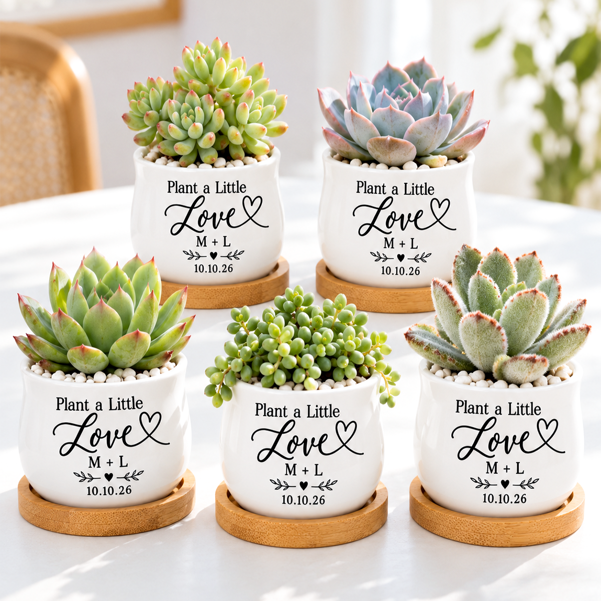buy Pack of Personalized Succulent Pot for Wedding favor - Plant A Little Love online, white glazed ceramic barrel shape, custom printed with couple names and date, includes natural bamboo drainage tray, perfect wedding guest keepsake gift