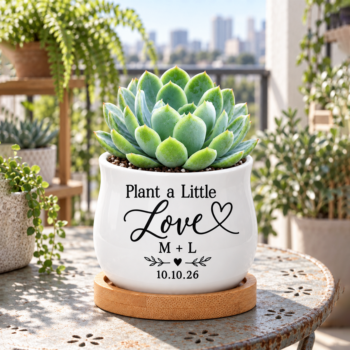buy Personalized Succulent Pot for Wedding favor - Plant A Little Love online, white glazed ceramic barrel shape, custom printed couple names and date, includes natural bamboo drainage tray, perfect wedding guest favor