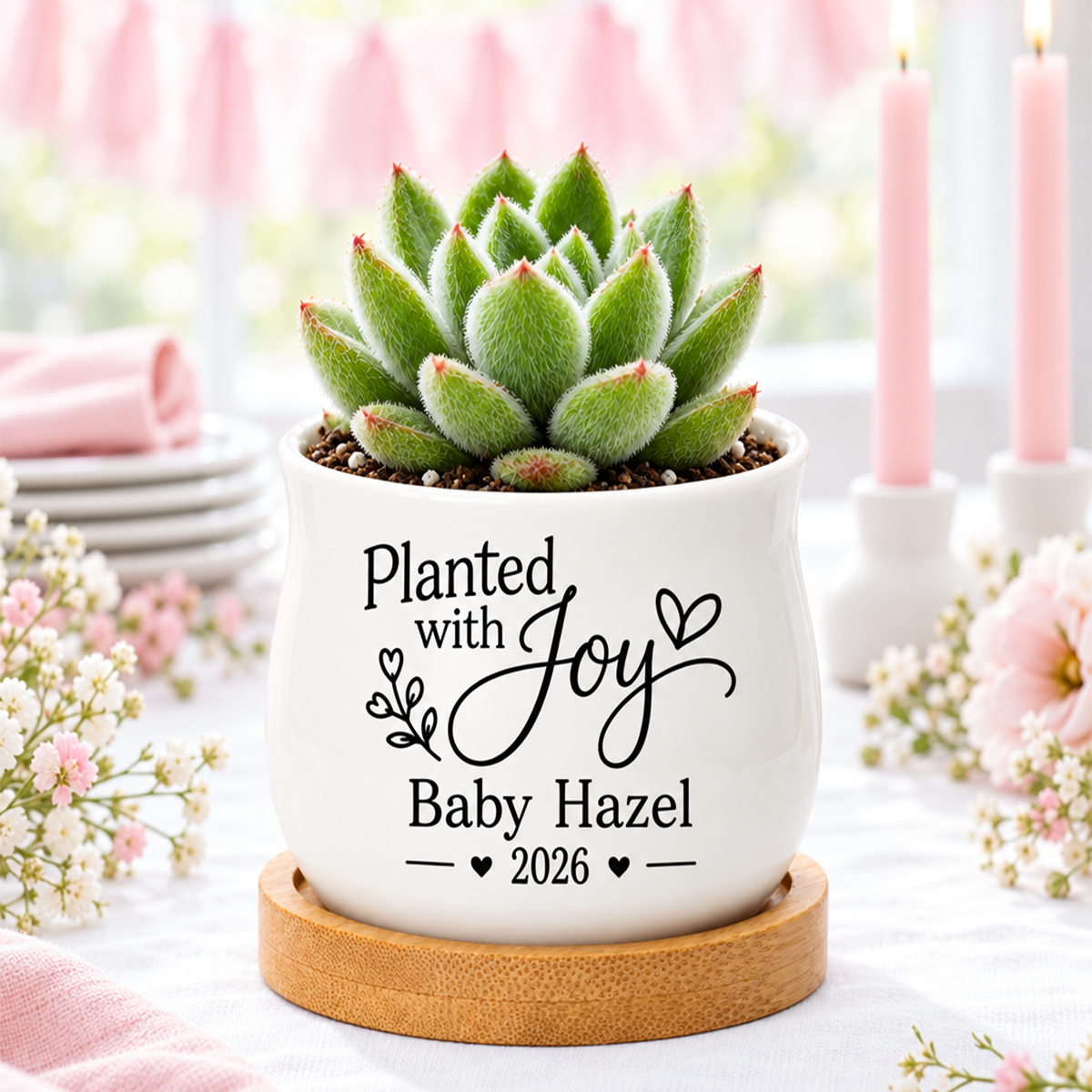 buy personalized succulent pot for baby shower favor planted with joy online, white glazed ceramic mini planter, barrel shaped design, includes natural bamboo drainage tray, perfect baby shower keepsake gift