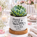 white Personalized Succulent Pot for Wedding favor - Planted With Love for sale, mini barrel planter with custom personalization, includes bamboo drainage base, versatile décor piece for weddings and couples, works as candle holder or small arrangement display