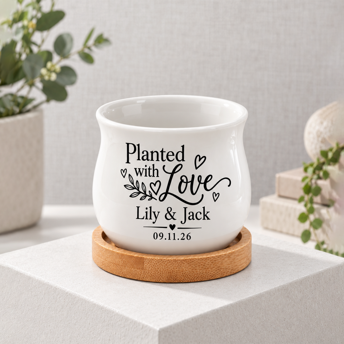 buy Personalized Succulent Pot for Wedding favor - Planted With Love online, small white glazed ceramic pot with drainage hole, custom printed with couple's names and wedding date, paired with natural bamboo tray, sweet gift for wedding celebrations