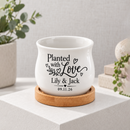 white Personalized Succulent Pot for Wedding favor - Planted With Love for sale, mini barrel planter with custom personalization, includes bamboo drainage base, versatile décor piece for weddings and couples, works as candle holder or small arrangement display