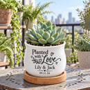 white Personalized Succulent Pot for Wedding favor - Planted With Love for sale, mini barrel planter with custom personalization, includes bamboo drainage base, versatile décor piece for weddings and couples, works as candle holder or small arrangement display