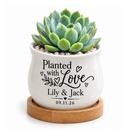 white Personalized Succulent Pot for Wedding favor - Planted With Love for sale, mini barrel planter with custom personalization, includes bamboo drainage base, versatile décor piece for weddings and couples, works as candle holder or small arrangement display