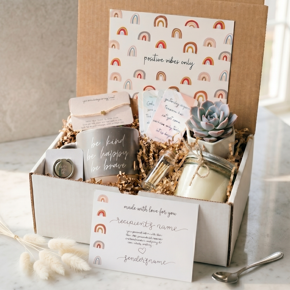 positive vibes gift box for sale, positive vibes care package for mom, positive vibes gift box for best friend, handmade positive vibes gift box with note, encouragement positive vibes gift box for tough times, send positive vibes gift box to brighten da