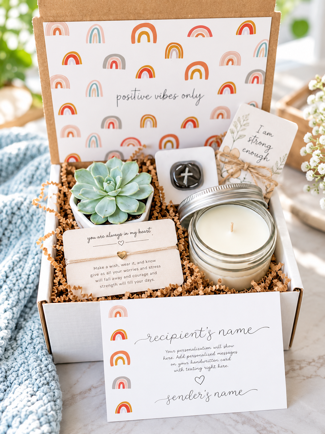 A curated gift box set with a small succulent, a glass jar candle, cards with positive quotes, and a branded box lid printed with repeating rainbow motifs and the phrase 'positive vibes only'. The box is styled on a light surface with a blue knit blanket nearby.