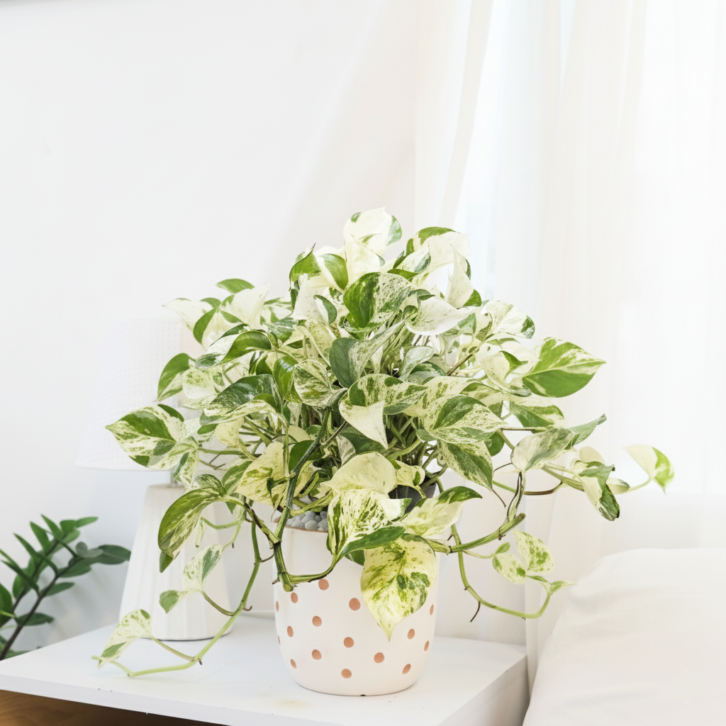 8 inch Pothos Manjula in white polka dot clay pot, 8 inch colorful houseplants, buy live plants online