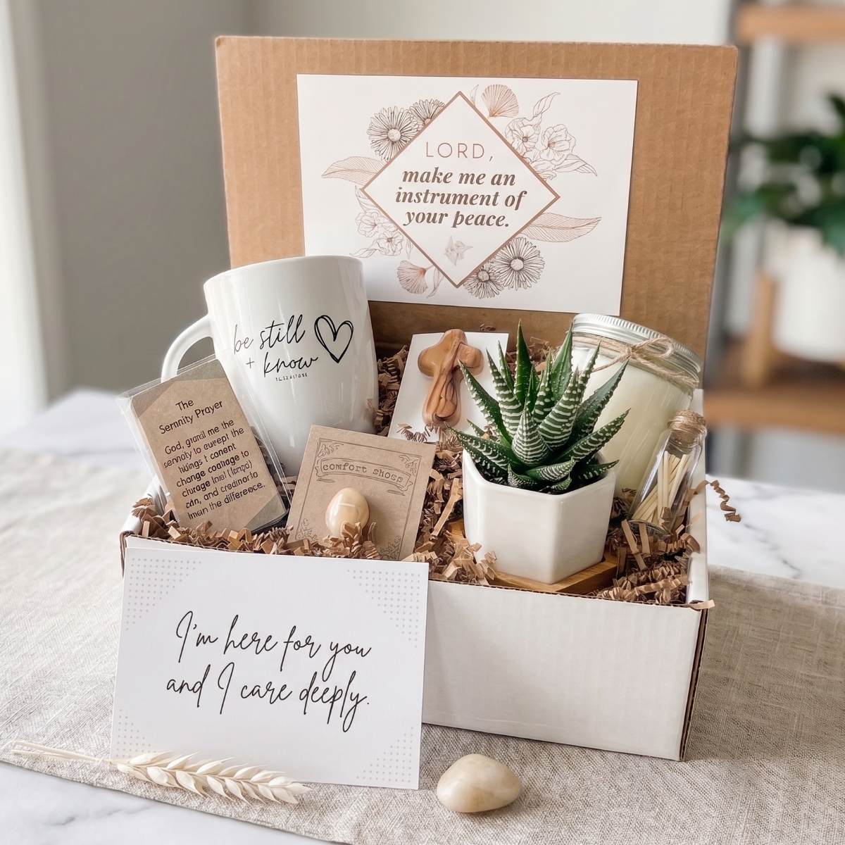 Prayer Gift Box for sale, prayer gift box for anxiety and encouragement, sympathy christian gift box with handwritten prayer, prayer box gift for stress relief and comfort