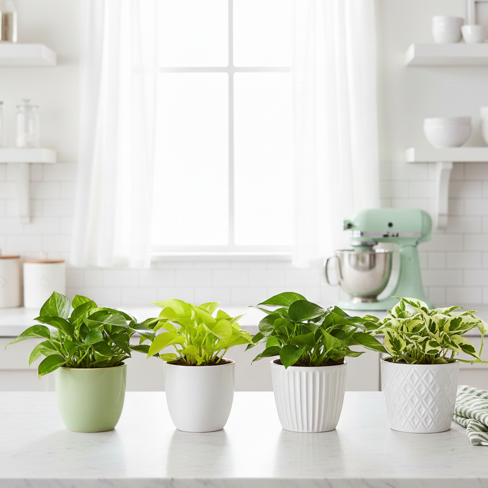 4 different, randomly selected Pothos varieties in 4-inch decorative pots, Randomly Selected Assorted Trailing Vines for kitchen decoration, air-purifying easy care houseplants for beginners