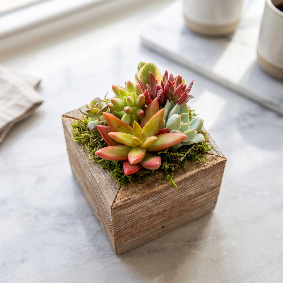 Buy Reclaimed Wood Square Box Mini Succulent Arrangement online. A charming mini succulent arrangement displayed in a rustic reclaimed wood square box, perfect for gifts and home decor.