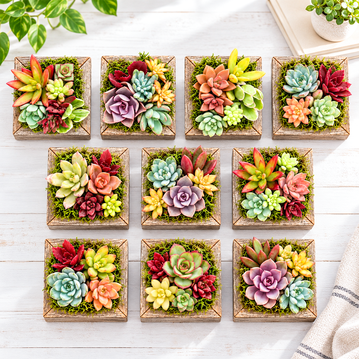 ten small square reclaimed wood planters each containing six live green and burgundy succulents arranged tightly together, displayed on a white surface