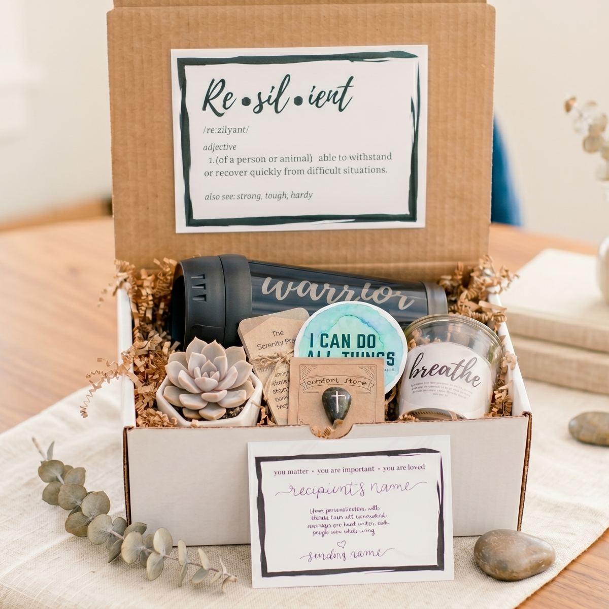 Resilient Warrior Gift Box for sale, resilient warrior gift box for her encouragement, strong woman encouragement gift box resilient warrior, motivational gift box for women resilience and strength, handmade resilient warrior gift box with note