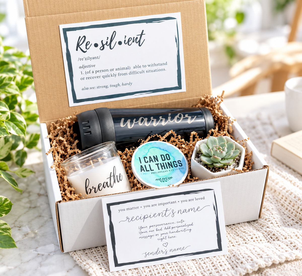 An open gift box filled with self-care and affirmation items, including a black insulated tumbler with 'warrior' printed on it, a candle jar labeled 'breathe', a round sticker reading 'I CAN DO ALL THINGS', a small succulent, and printed cards with motivational text, arranged in brown paper shred on a light surface.