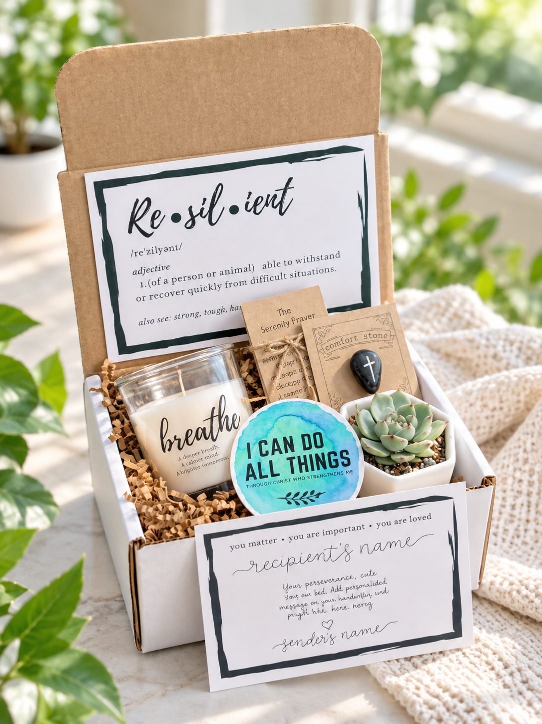 A curated gift box set containing a candle, a succulent, a small stone, and printed cards with motivational quotes, arranged in a kraft paper box on a neutral textured surface with blurred green foliage in the background.