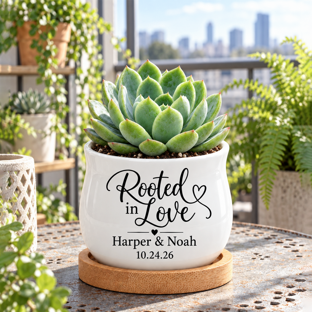 buy personalized succulent pot for wedding favor rooted in love online, white glazed ceramic barrel shape, includes bamboo drainage tray, custom printed couple names and date, perfect wedding guest favor keepsake