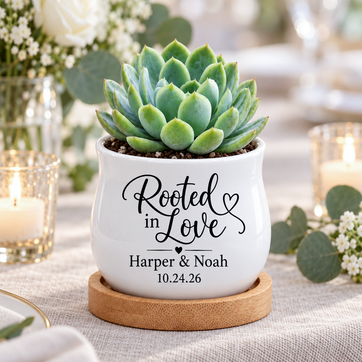 ceramic personalized succulent pot for wedding favor rooted in love for sale, miniature planter with natural bamboo base, custom engraved with wedding date, ideal small decorative accent, charming couple gift