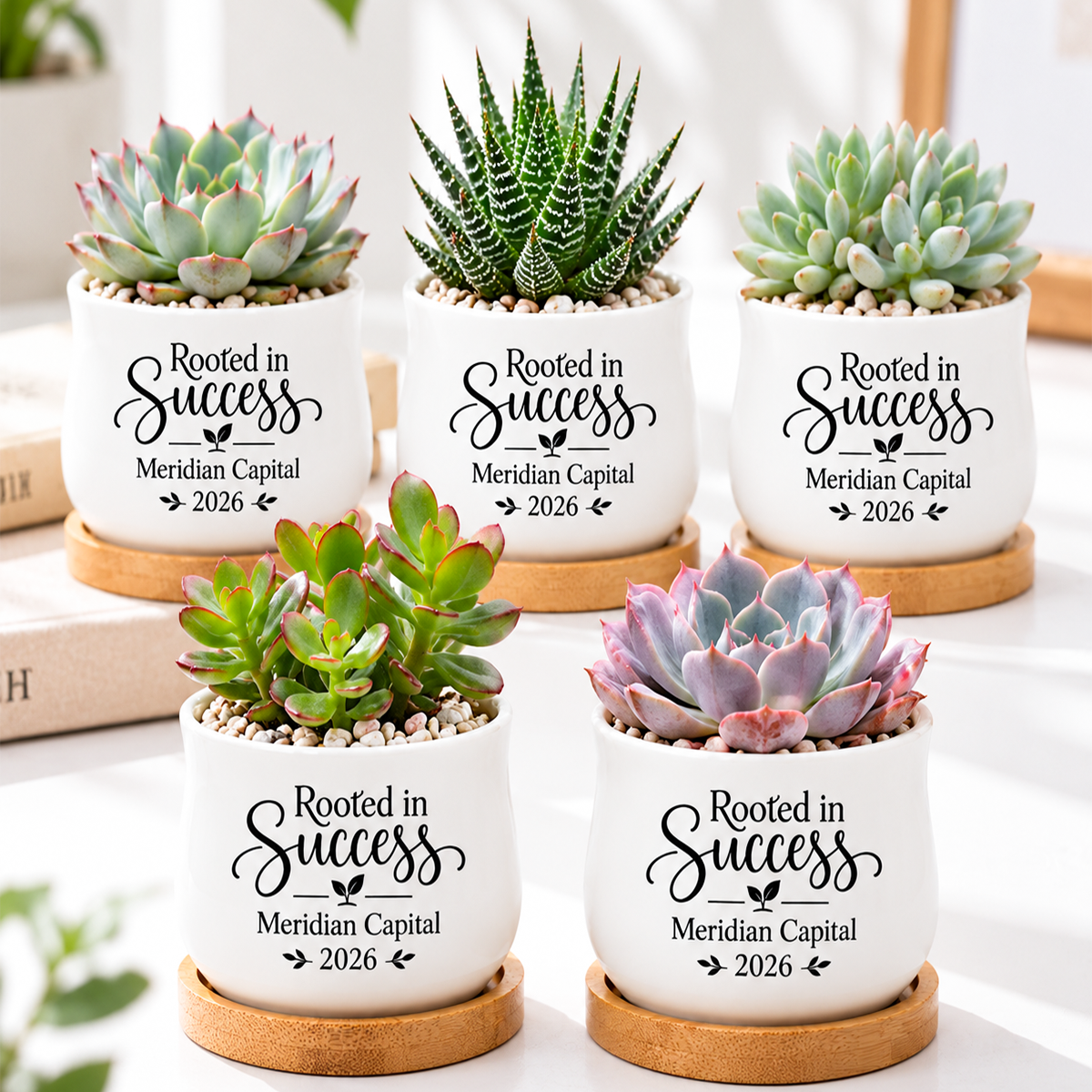 buy Pack of Personalized Succulent Pot for Corporate Favor - Rooted In Success online, white glazed ceramic barrel pot, custom printed with company name and date, includes natural bamboo drainage tray, ideal for small plants or decorative display, corporate team gift favor