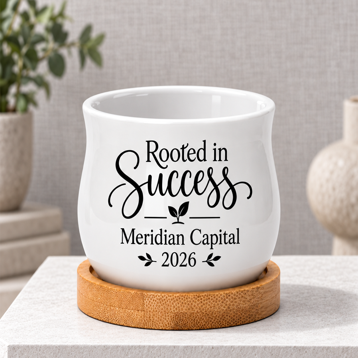 buy Personalized Succulent Pot for Corporate Favor - Rooted In Success online, miniature white ceramic pot with functional drainage hole, personalized with company name and date, paired with natural bamboo base tray, thoughtful corporate favor keepsake