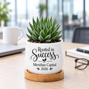 buy Personalized Succulent Pot for Corporate Favor - Rooted In Success online, miniature white ceramic pot with functional drainage hole, personalized with company name and date, paired with natural bamboo base tray, thoughtful corporate favor keepsake