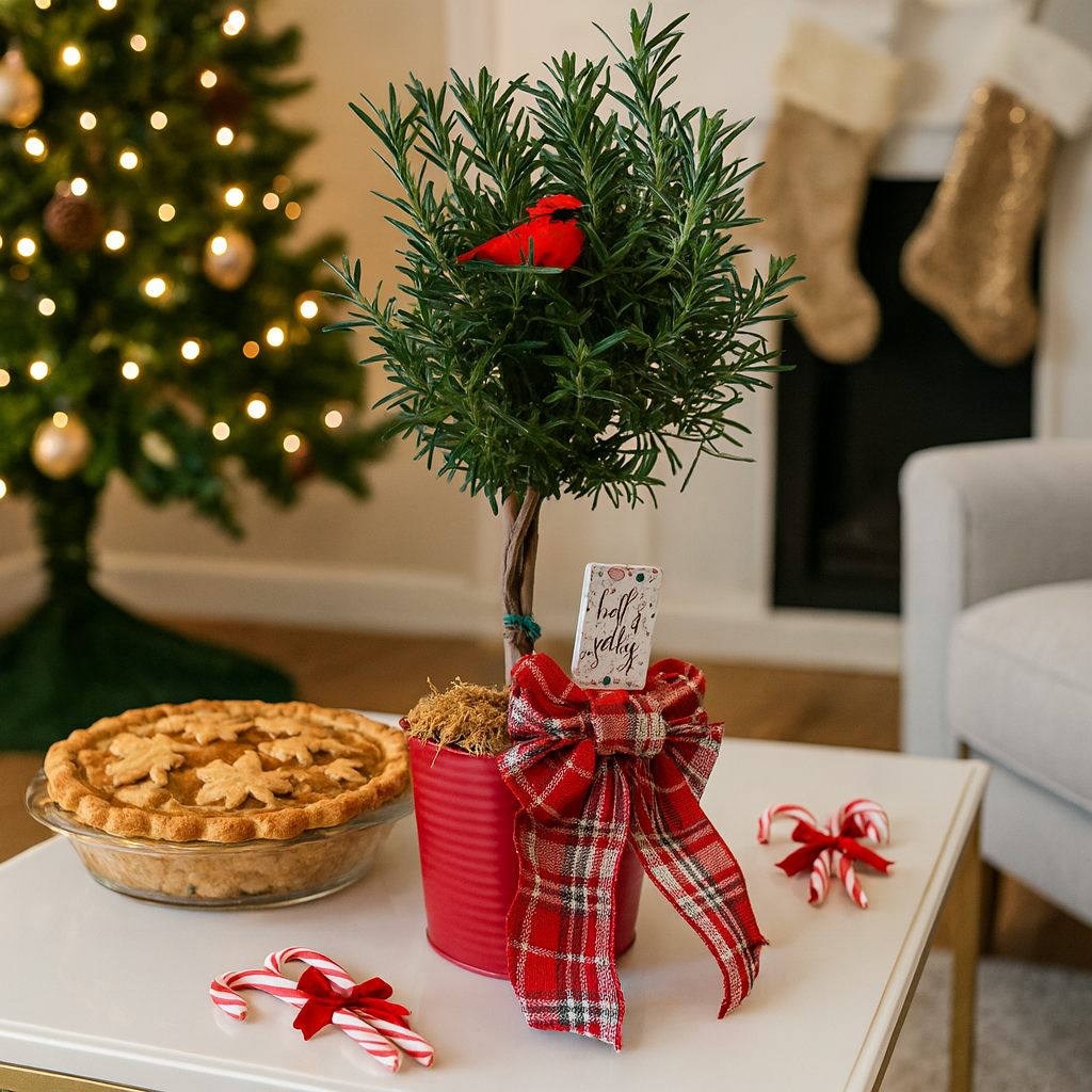 Rosemary Topiary in Red Ridge Metal Tin, 6 inch Rosemary Topiary plants, live plants for Xmas decor, holiday gifts ideas 2025